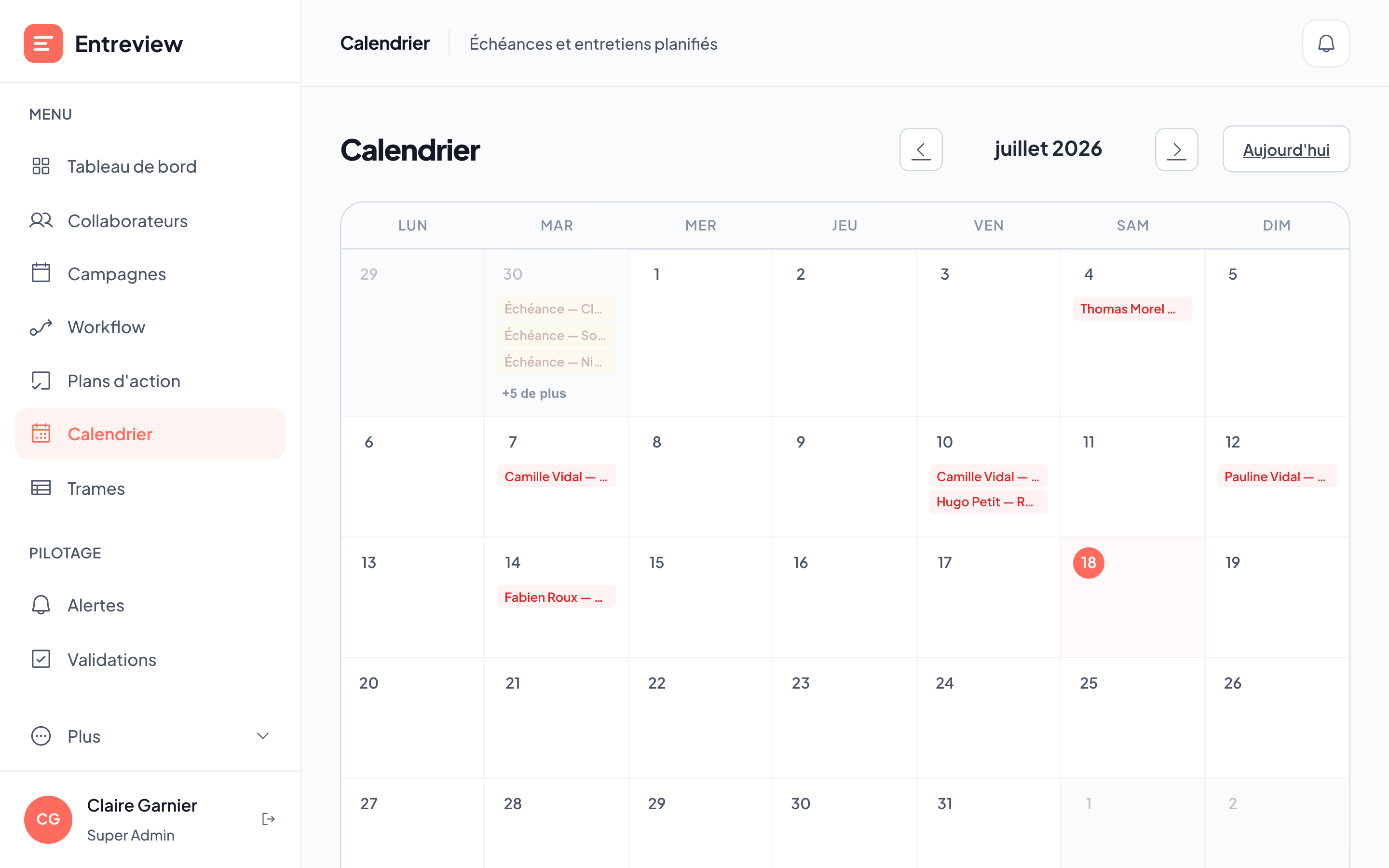Calendrier des entretiens et des échéances saisies dans Entreview