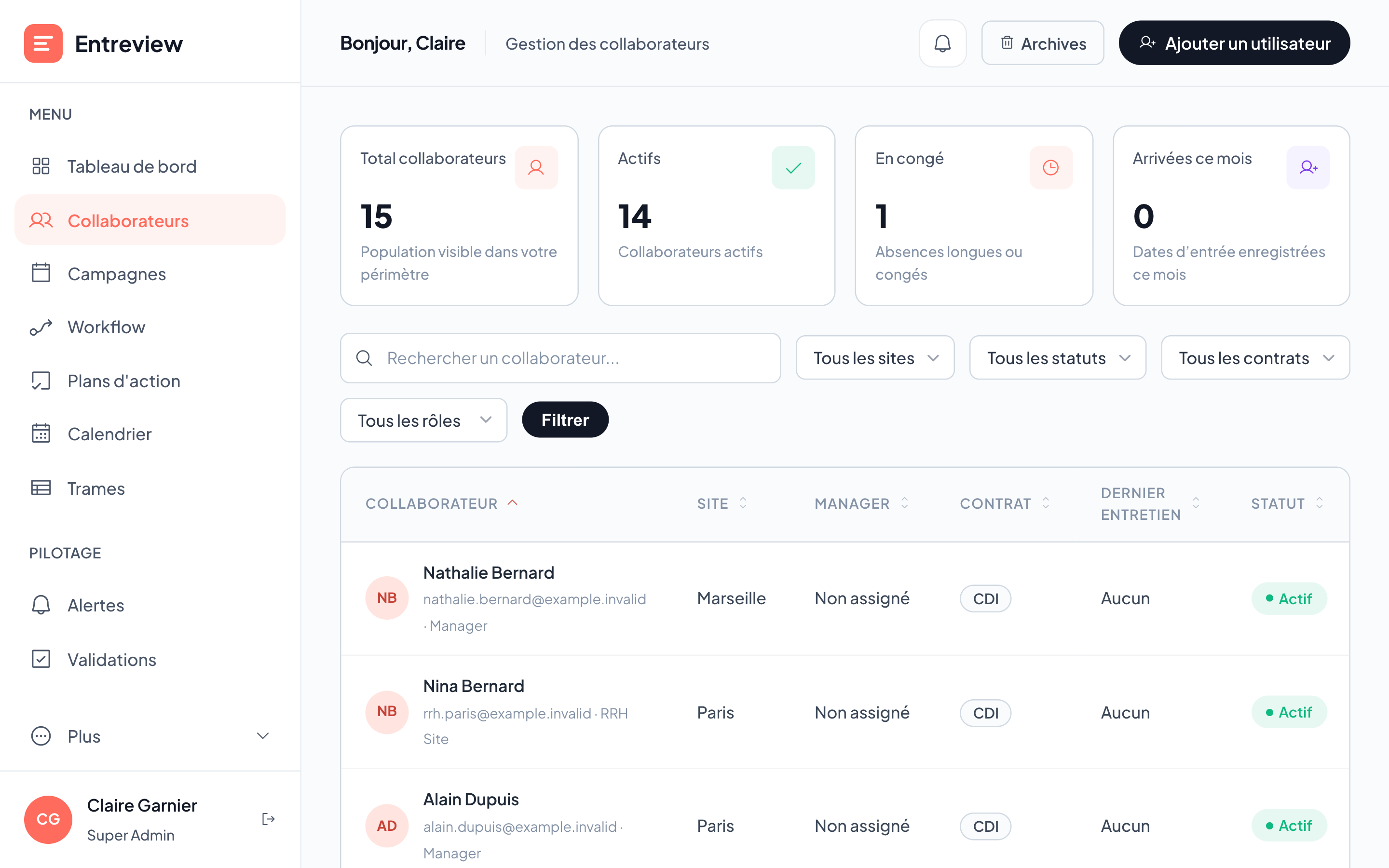 Gestion des collaborateurs dans Entreview