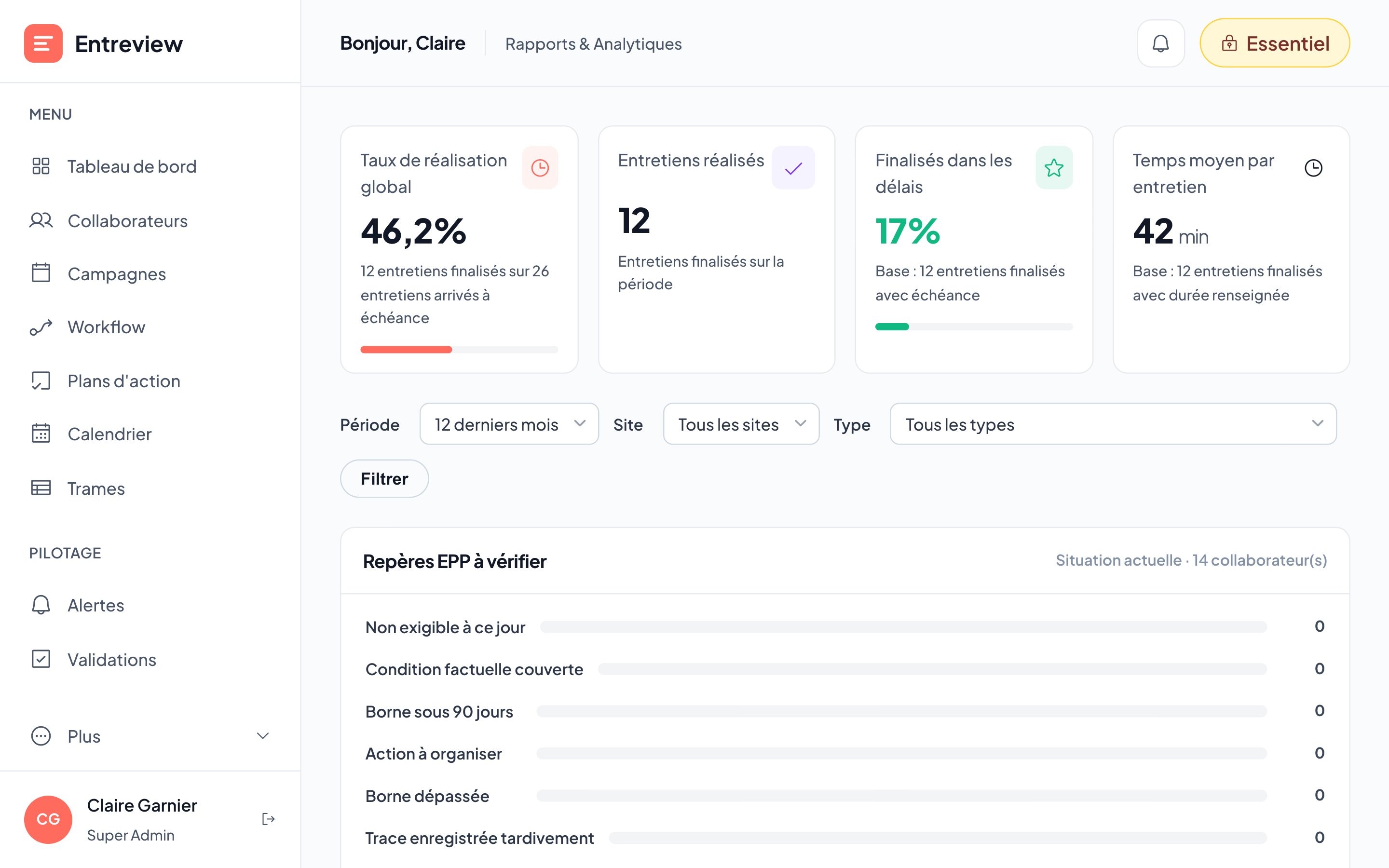 Rapports et exports disponibles dans Entreview