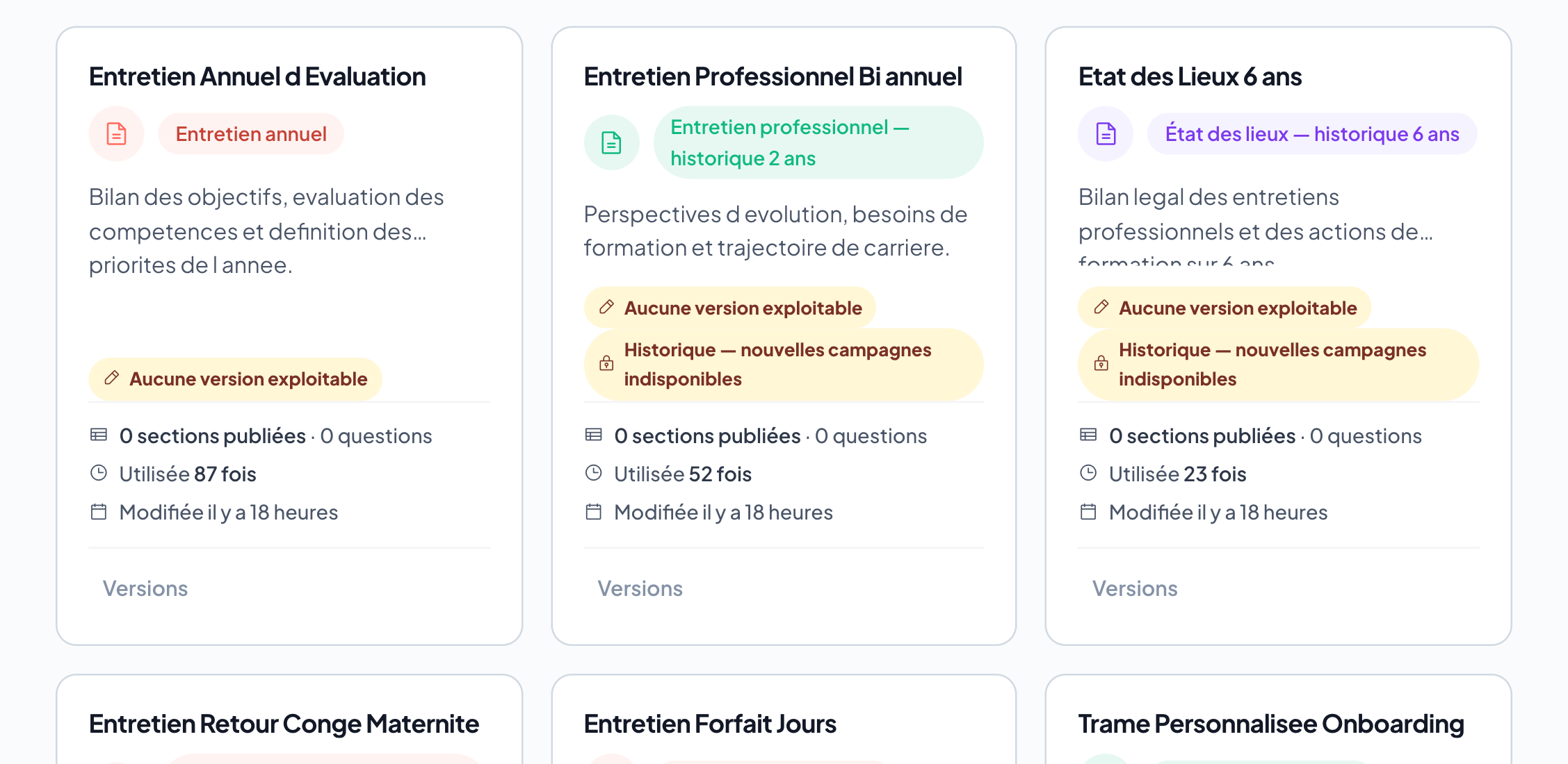Bibliothèque de modèles d'entretien disponibles dans Entreview
