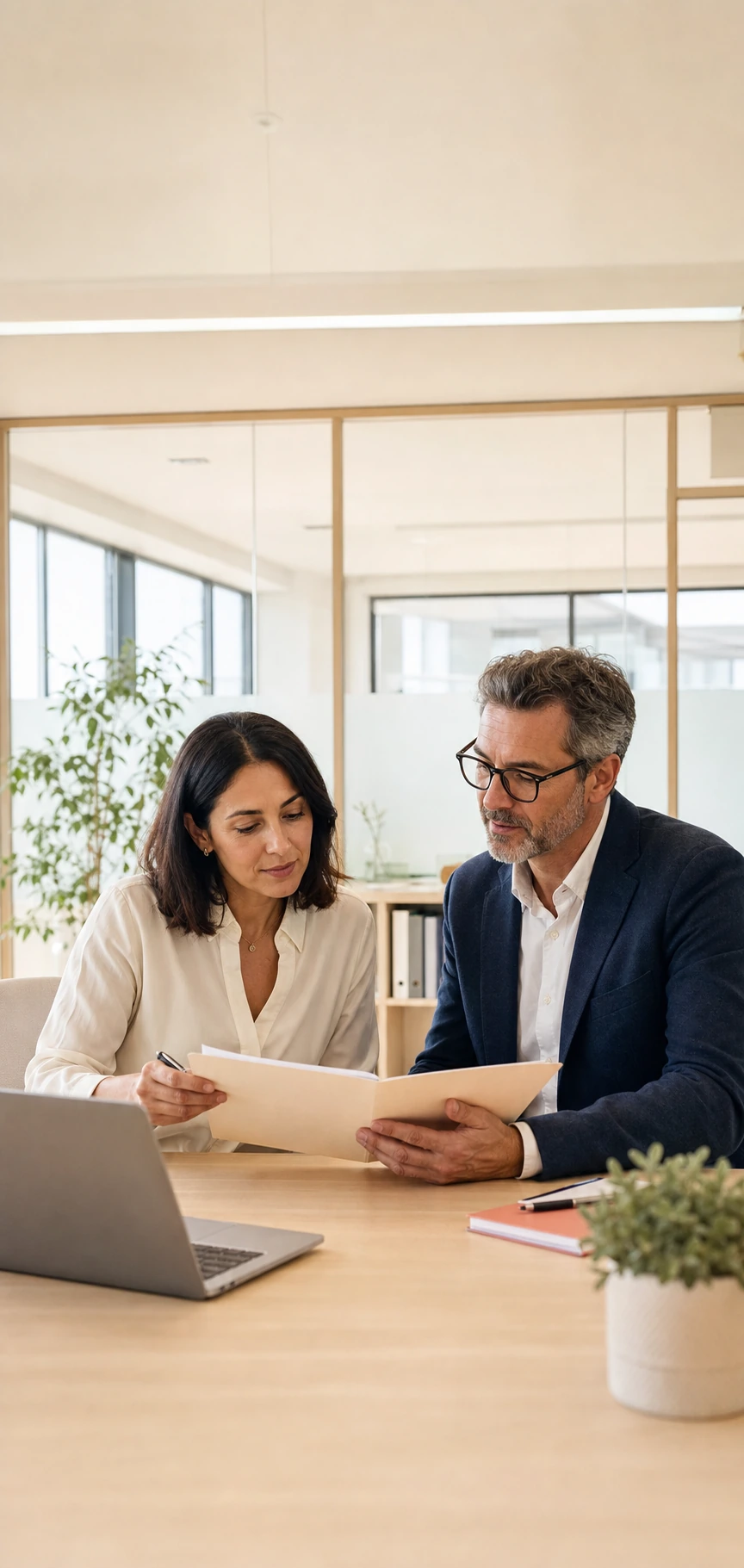 Responsables RH examinant un document confidentiel dans un bureau lumineux